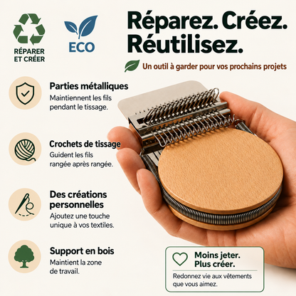 Cavelyo : outil de tissage avec support en bois et crochets métalliques